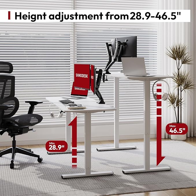 SANODESK Electric Standing Desk 55x24 Inch Height Adjustable Stand Up Desk Home Office Computer Workstation Sit Stand Home Office Desk with Splice Board (White Frame + White Top)