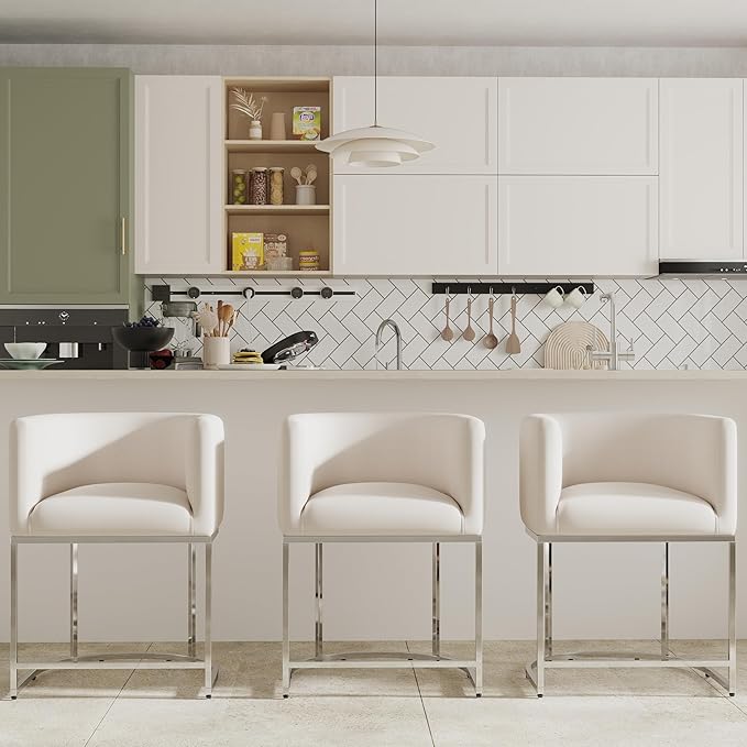 Contemporary Cream Linen Bar Stools Set of 2, 24" Upholstered Fabric Counter Height Barstools Kitchen Counter Island Stools with Screwed Together Chrome Finish Base