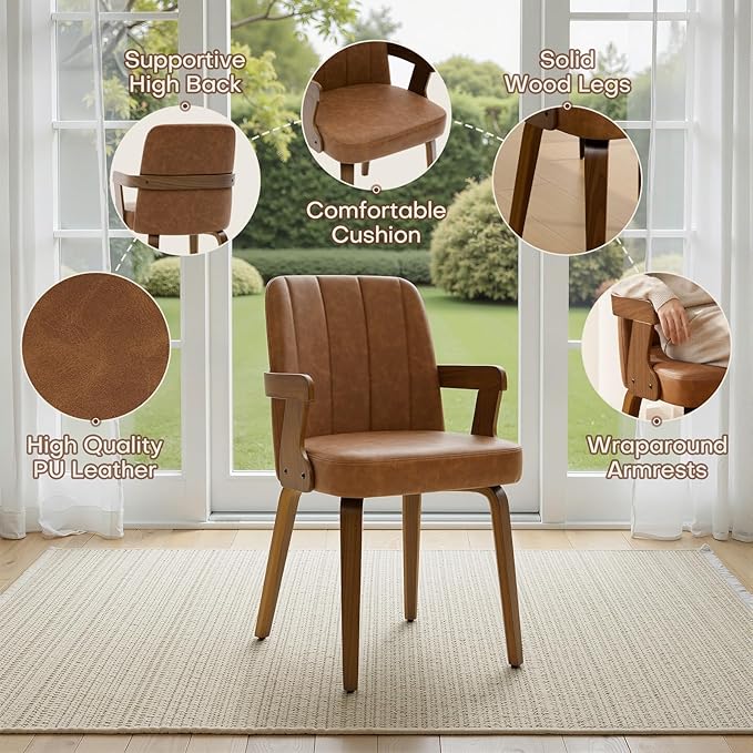 Kitchen Dining Chairs Set of 4, Faux Leather Upholstered Dining Room Chairs with Wood Arms and Legs, Mid Century Modern Kitchen Side Chair for Living, Bedroom, Restaurant, Walnut/Brown