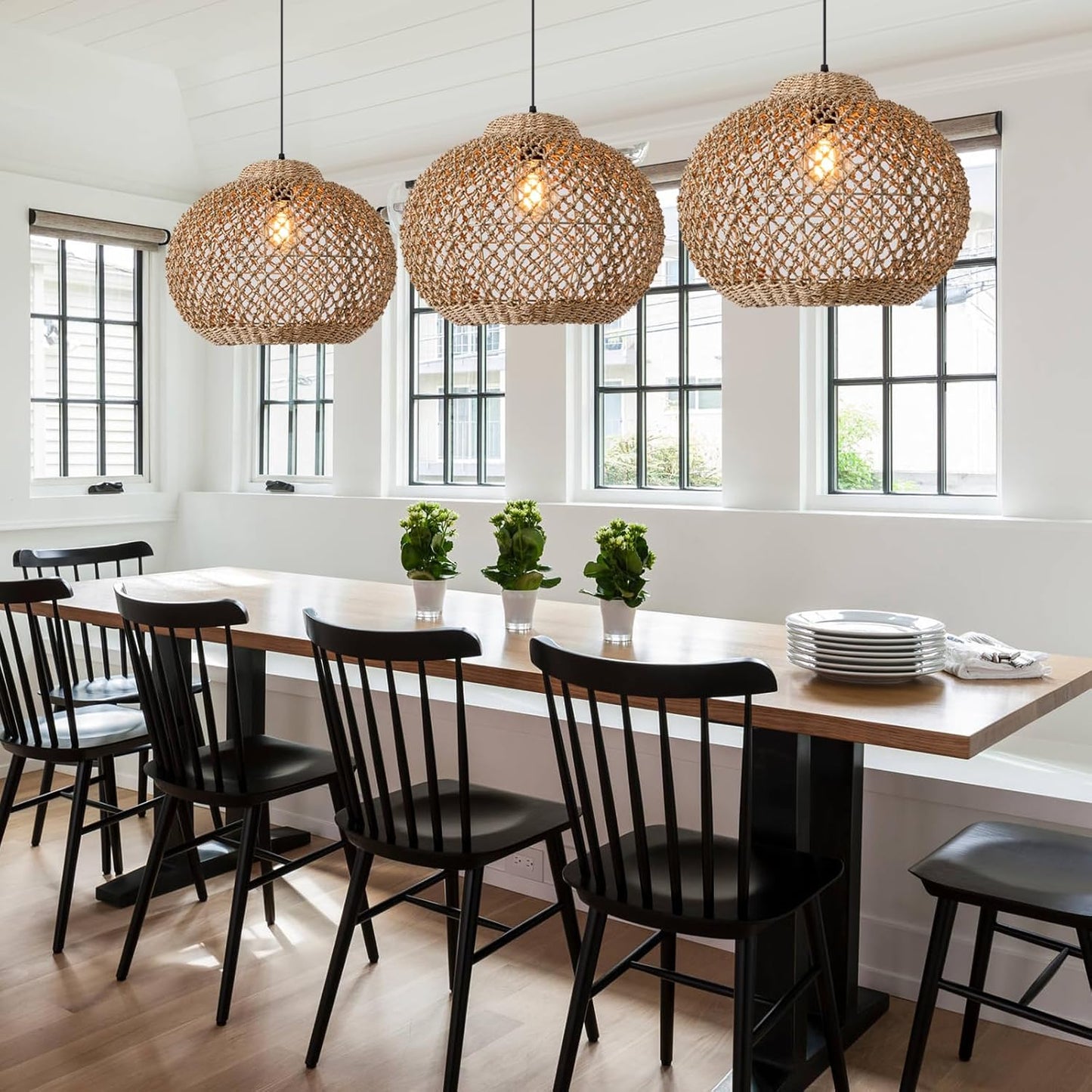 13.77" Woven Rattan Pendant Light,Hand-Woven Water Plants Rattan Chandelier Boho Wicker Coastal Retro Ceiling Chandelier Lighting,for Kitchen Island Restaurant Craft Room Farmhouse