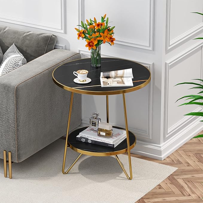 Tribesigns Faux Marble End Table, 2 Tier Round Side Table with Shelves, Modern Black Nightstand Bedside Table Small Coffee Accent Table for Living Room Bedroom, Black and Gold