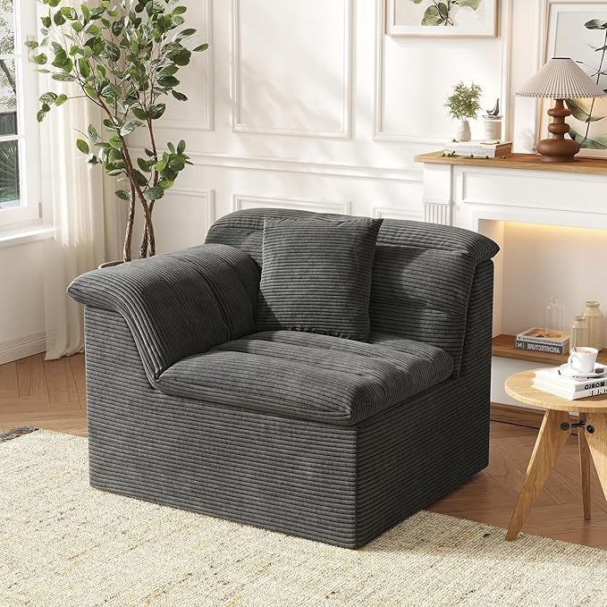 44" Cloud Sectional Couch with Single Arm, Modern Compressed Sofa, Comfy Sleeper Sofa, Corduroy Upholstered Couches for Small Space/Apartment, No Assembly Required, Dark Gray, Left Side