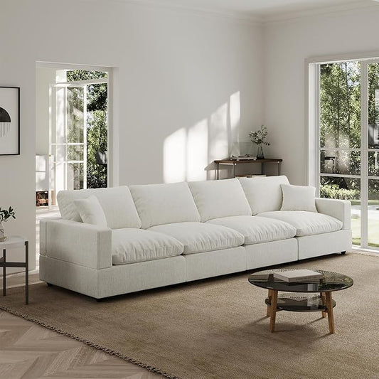 Modern Sectional Linen Couch for Living Room,4 Seat Modular Cloud Sofas,Detachable Couch Cushion Covers,Cozy Feather Down Sofa for Apartment Cream White