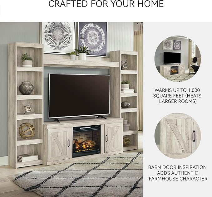 Signature Design by Ashley Bellaby Farmhouse 4-Piece Entertainment Center for TVs up to 69" with Electric Fireplace, Whitewash
