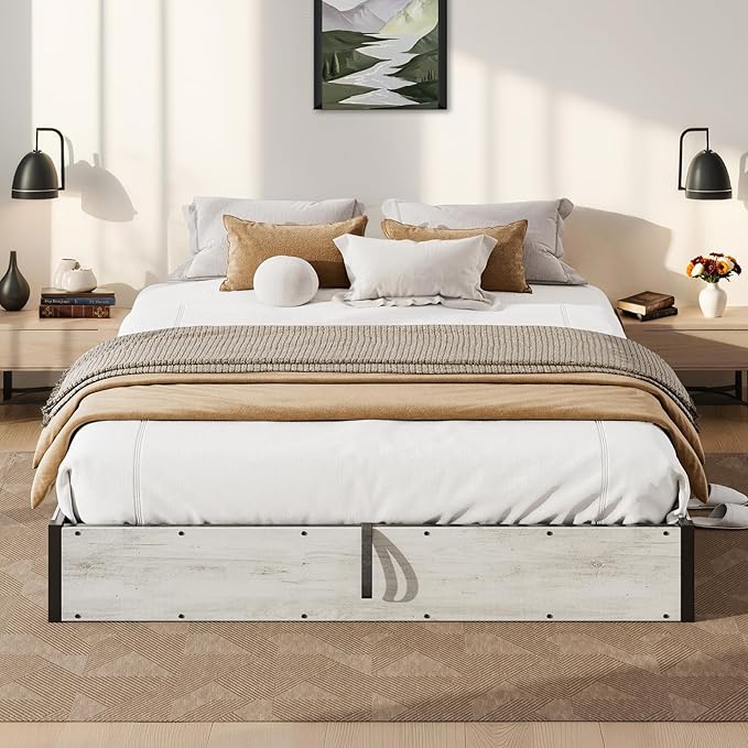 Lift Up Storage Bed Frame, Full Size Wooden Platform Bed with Large Storage Underneath, No Box Spring Needed, Noise Free, Distressed White