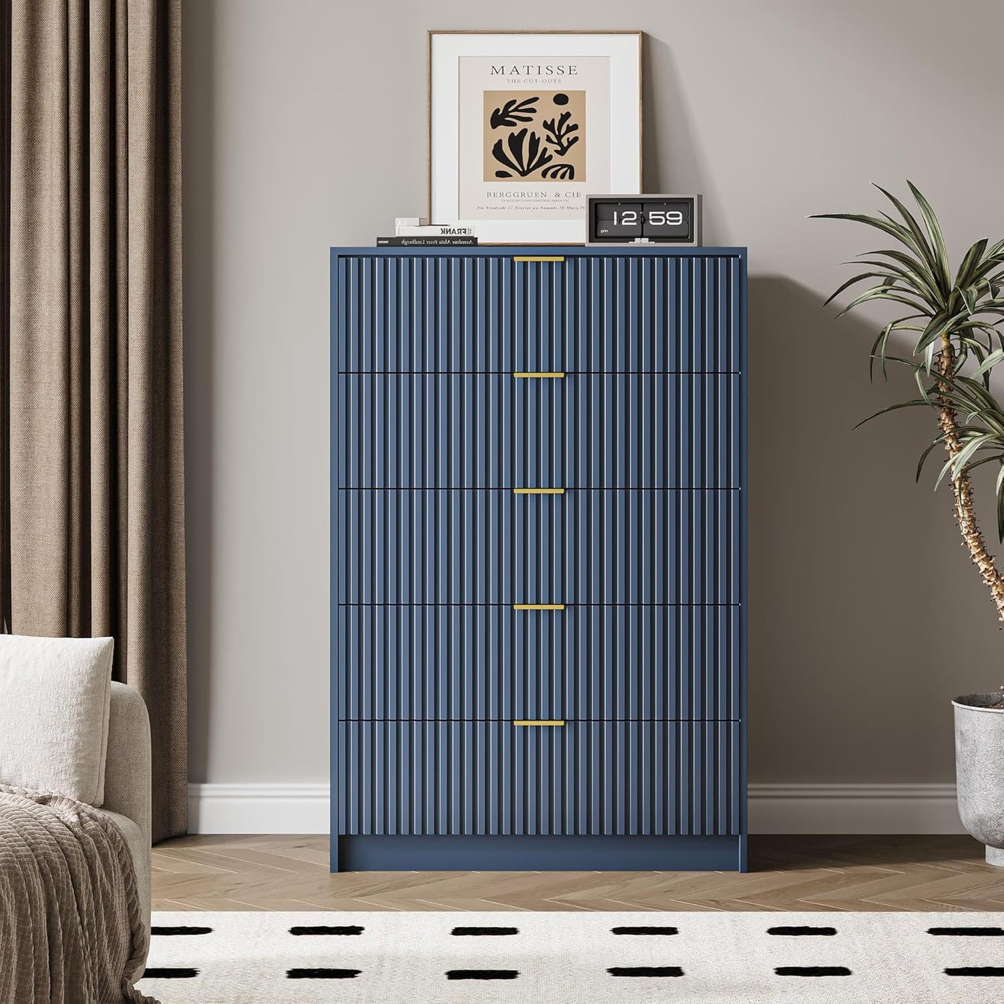5 Drawer Dresser for Bedroom, Tall Dresser Chest of Drawers with Gold Handles, 32 Inch Wide Nightstand with for Bedroom, Living Rooms, Offices, and Entryways, Navy Blue
