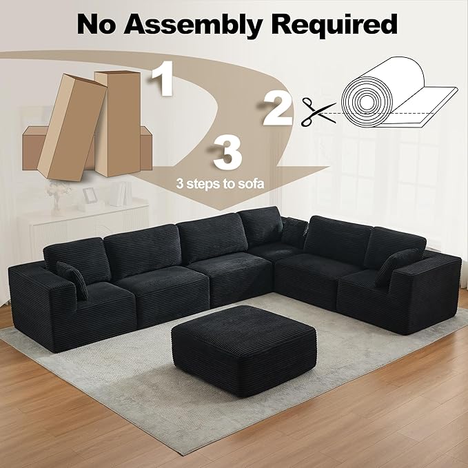 L-Shape Cloud Modular Sectional Sofa Couch,Modern Boneless Sectional Couch with Deep Seat,Upholstered Couches for Living Room Bedroom,No Assembly Required,Black