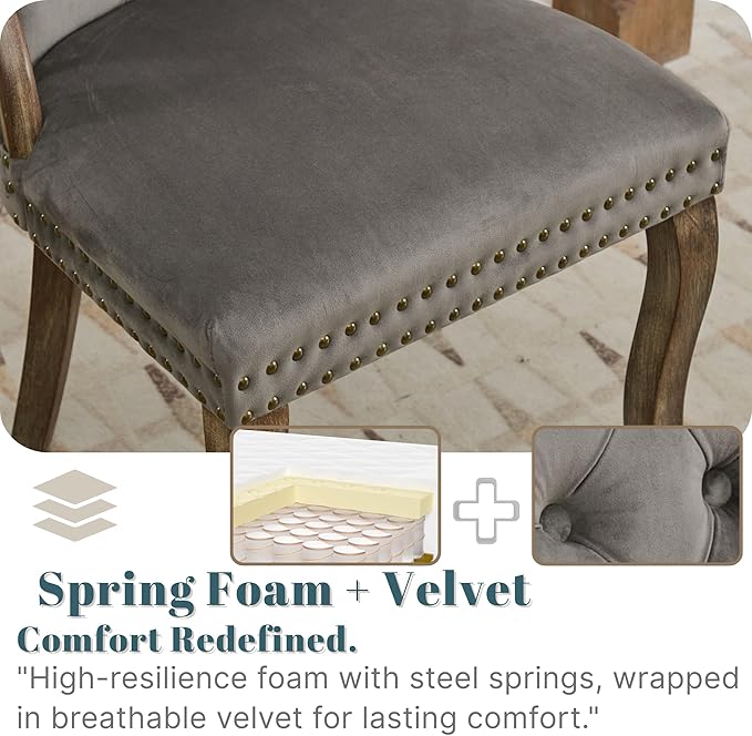 Velvet Dining Chairs Set of 6, Solid Wood Handles, Wooden Upholstered Dining Chair, Vintage Copper Nail Decoration, Mid Century Modern Kitchen Chair (Grey, Set of 6)