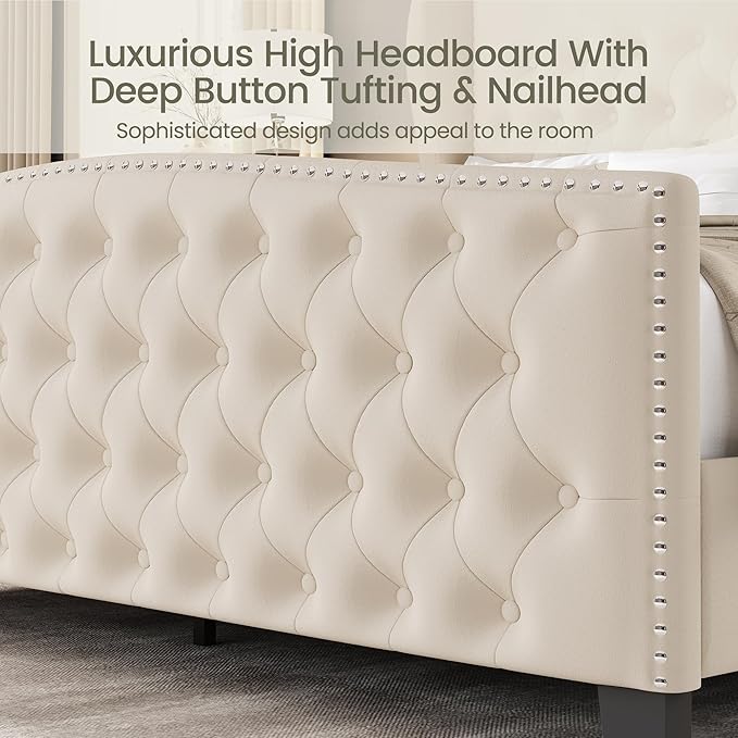 LARMACE King Size Bed Frame Velvet Upholstered Platform Bed with Wingback Headboard & Footbaord, Deep Button Tufted Bed Frame with Wood Slats Support, No Box Spring Needed, Beige
