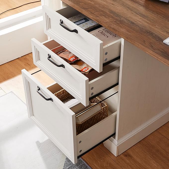 60" L-Shaped Executive Desk with 40" File Cabinet,Farmhouse Home Office Desk with Charging Station,Wood Computer Desk Set for Office Work,Home Study