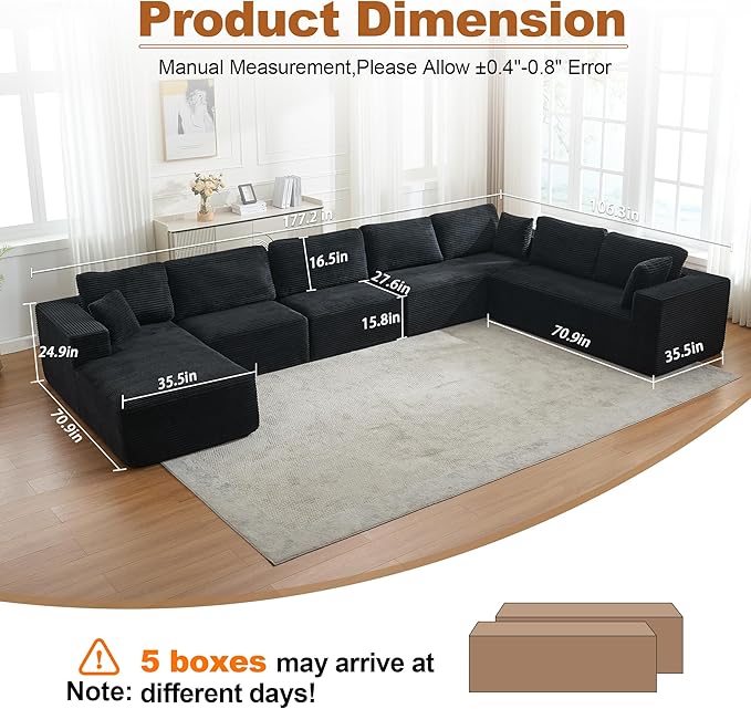 Modular Sectional Cloud Couch for Living Room,Modern Boneless Couche Set with Plush Corduroy,Comfy Floor Sofa with Memory Foam,Stupendous U Shaped Sofa with Chaise,No Assembly Required,Black