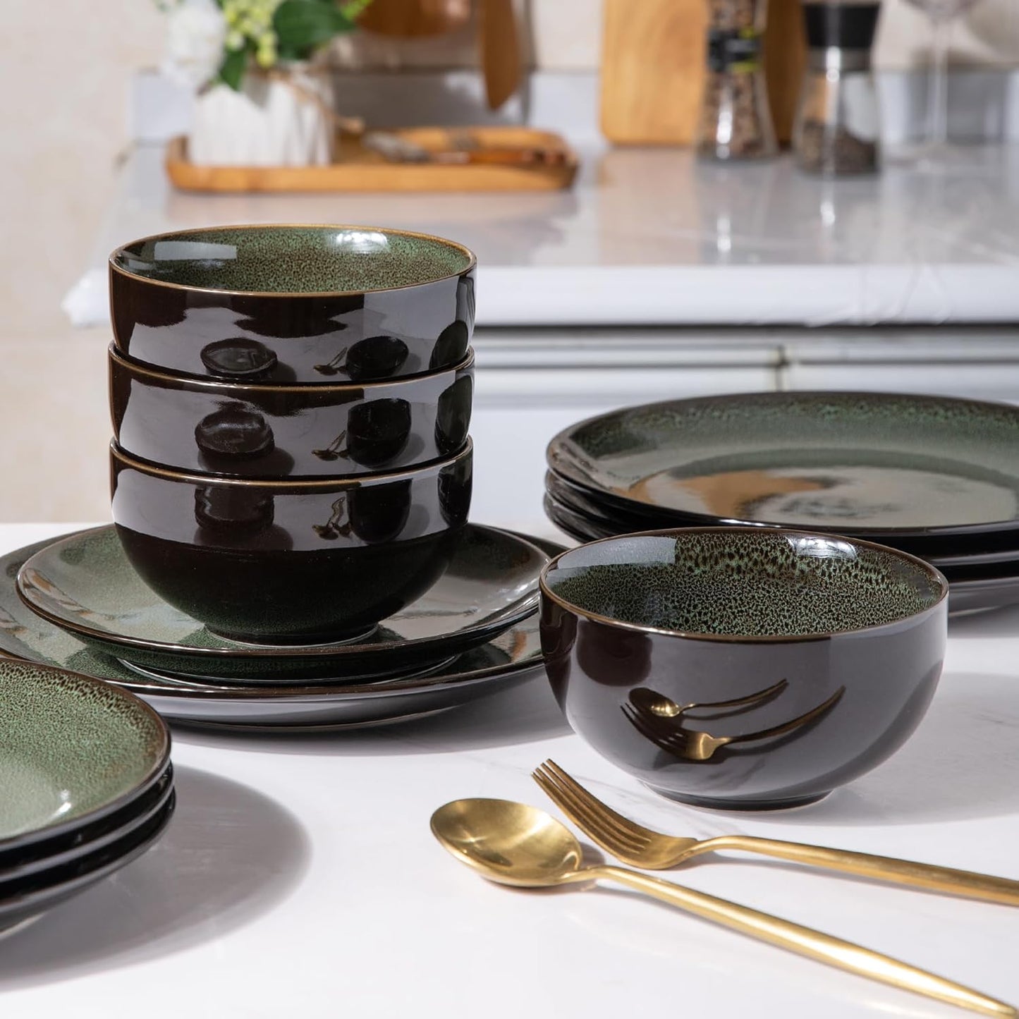 LERATIO Ceramic Dinnerware Sets for 4,Handcraft Stoneware Plates and Bowls Sets,Highly Chip and Crack Resistant | Dishwasher & Microwave & Oven Safe Dishes set,Reactive Glaze Dinnerware- Service for 4