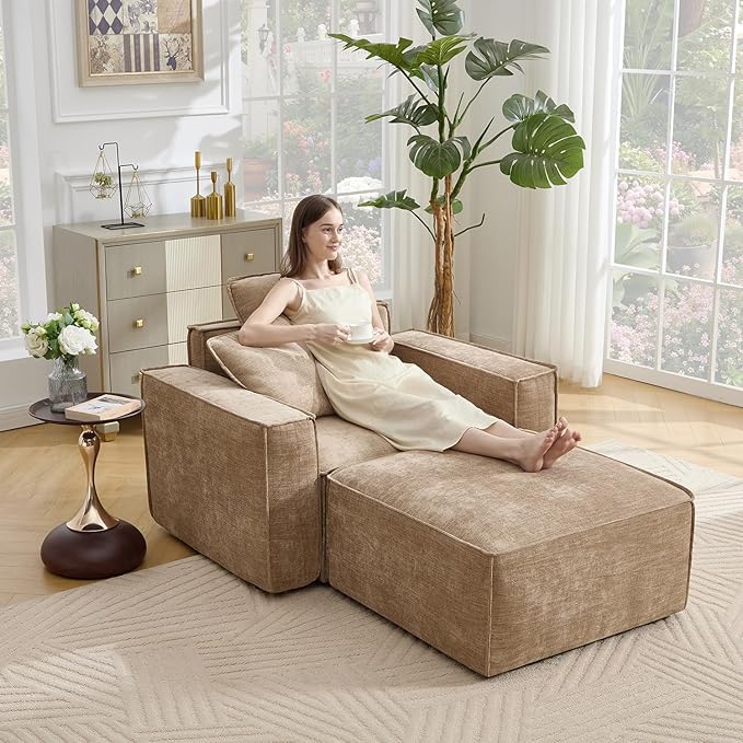 WILLOVE 47'' Single Sofa with Ottoman, Chenille Cloud Couch with Wide Armrests & 3 Pillows, Deep Seat Couches for Living Room, Khaki