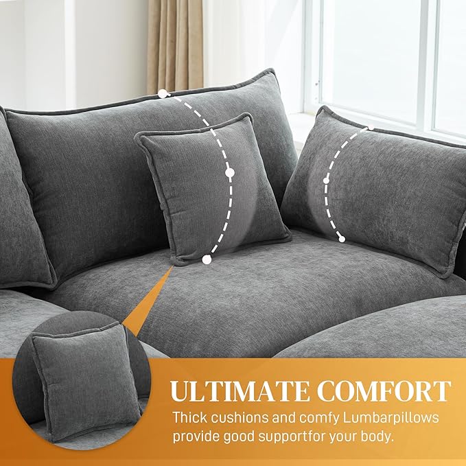 HYJT-H&K 145" U Shaped Cloud Couch Modular Gray Sectional Couches for Living Room, Comfy Fluffy Chenille Oversized Cloud Sectional Couch Large 6 Seat Sectionals Sofa Set Central Console USB Port