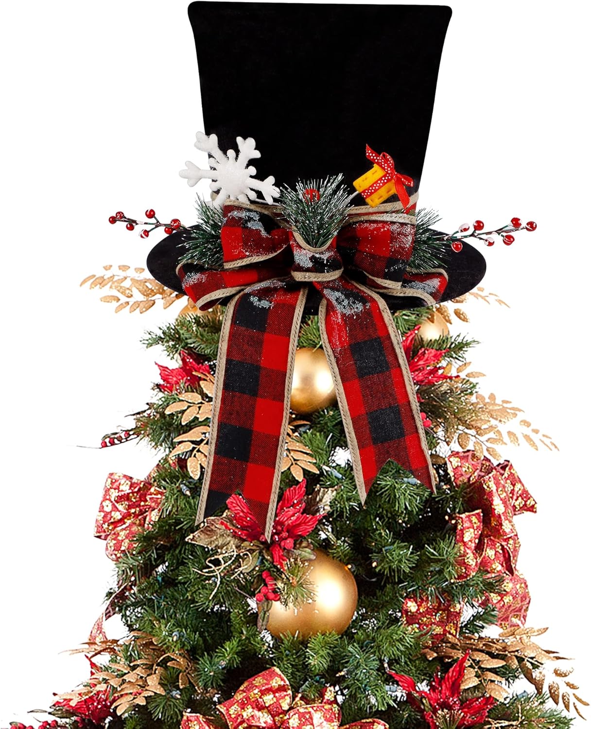 yofit Christmas Tree Topper Hat, Black Velvet Hat with Red Buffalo Plaid Bow Red Berry Snowflake, Christmas Tree Decorations Top Hat, Desktop Ornaments for Home Holiday Winter Decor