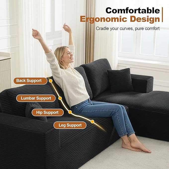 Modular Sectional Cloud Couch for Living Room,Modern Boneless Couche Set with Plush Corduroy,Comfy Floor Sofa with Memory Foam,Stupendous U Shaped Sofa with Chaise,No Assembly Required,Black