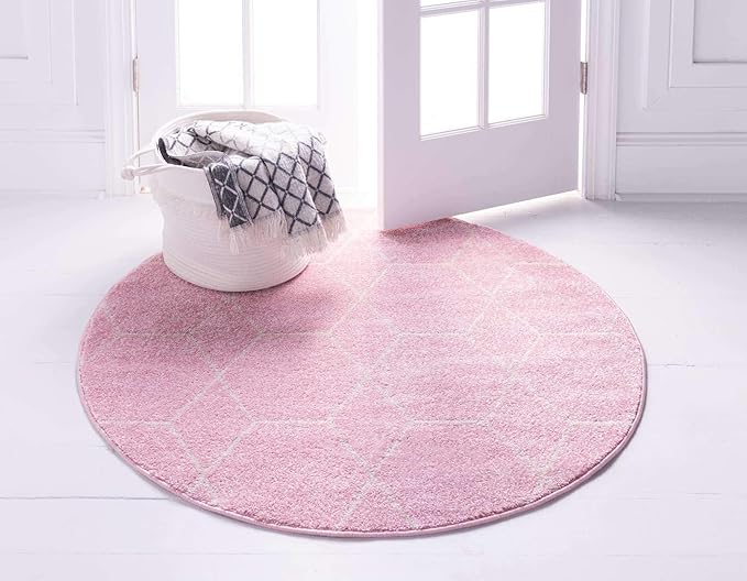Unique Loom Trellis Frieze Collection Area Rug - Geometric (7' Round, Light Pink/ Ivory)