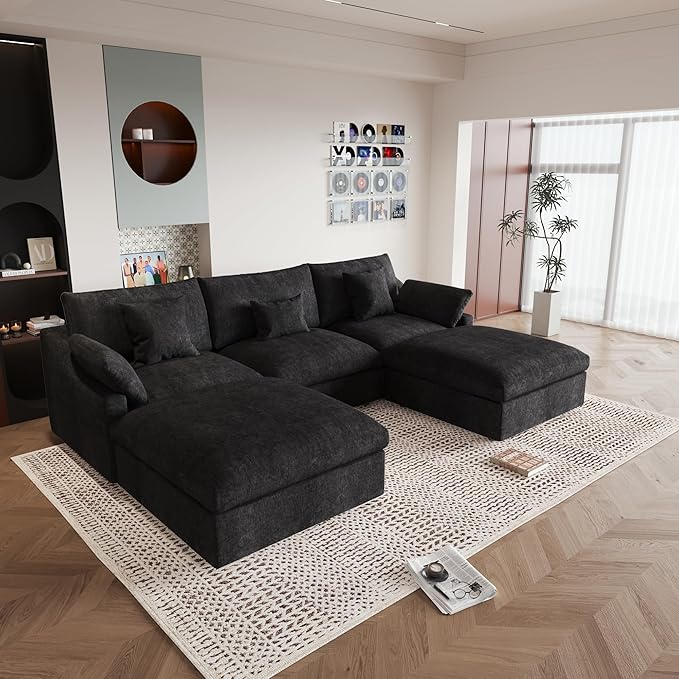 JACH U Shaped Sectional Couches, Cloud Sectional Couch with Deep Seat, 119" Down Filled Modular Sofa with Chaise, Covers Removeable & Washable, Sofas Furniture for Living Room, Black