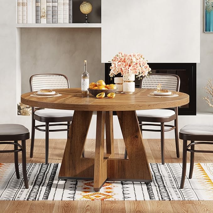 Tribesigns Round Dining Table for 4, 47 inch Farmhouse Circle Kitchen Table with Wooden Pedestal Base for Kitchen, Dining Room, Living Room (Wood)