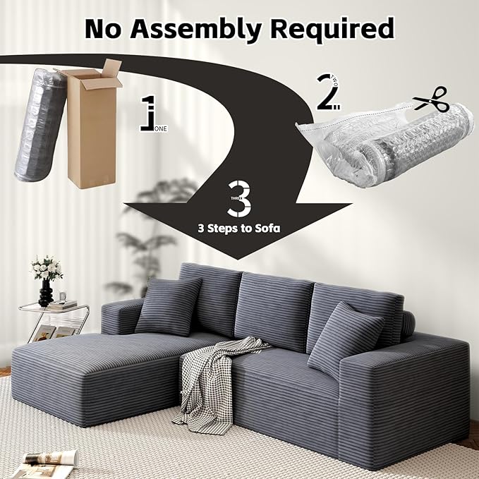107" Boneless Couch, Sectional Couchs for Living Room & Bedroom, Cloud Couch with L-Shape Chaise Modern Modular Sofa with Deep Seat, No Assembly Required (Soft Gray)