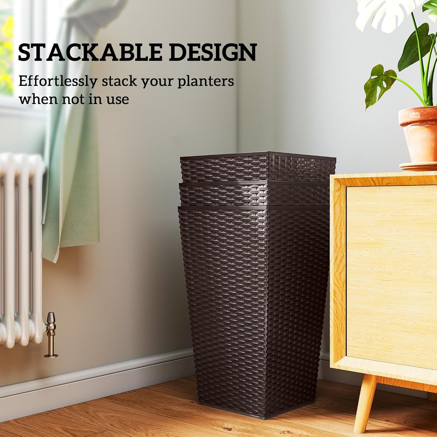 Outsunny Tall Planters for Outdoor Plants Set of 3, 24 in Taper Planters with Drainage Holes, Rattan Decor Plant Pots for Indoor Outdoor Front Porch Patio Backyard, Brown