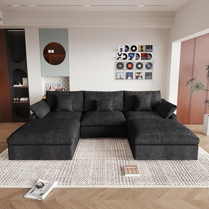 JACH U Shaped Sectional Couches, Cloud Sectional Couch with Deep Seat, 119" Down Filled Modular Sofa with Chaise, Covers Removeable & Washable, Sofas Furniture for Living Room, Black