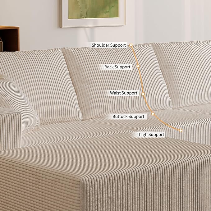 139" Boneless Cloud Sectional Couch for Living Room, Compressed Modular L-Shaped Sofa with Deep Seat, Frameless Corduroy Couch in Boxes, No Assembly Required 4-Seater (Left-Facing Chaise, Beige)