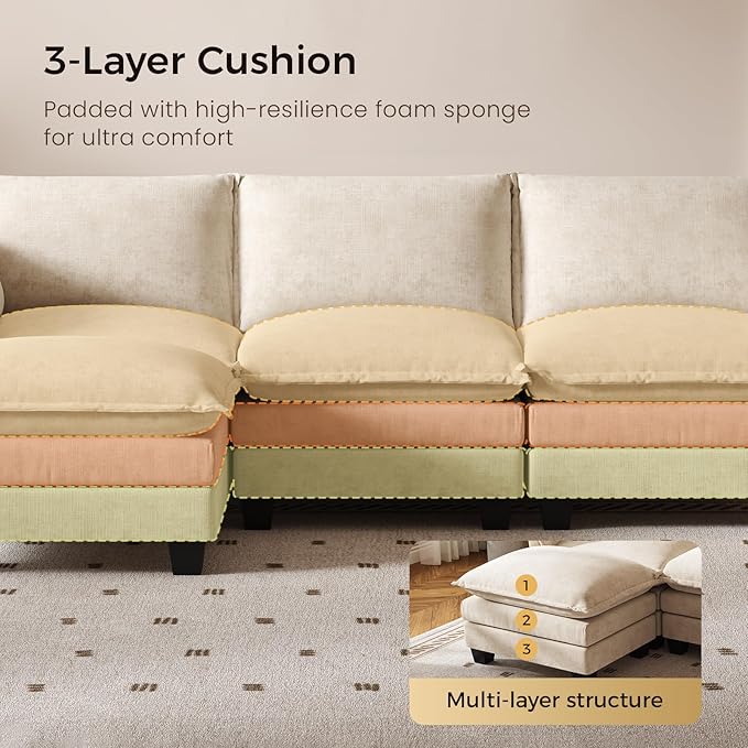 KKL 91.3" Modular Sectional Sofa, L-Shaped 4 Seater Cloud Couch with Ottoman, Chenille Modern Sectional Couches for Living Room, Apartment, Beige