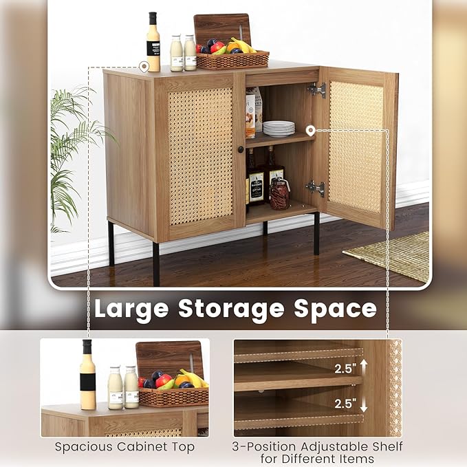 COSTWAY Buffet Cabinet with Storage, Storage Sideboard with Rattan Decorated Doors, Adjustable Shelf, Metal Legs, Accent Cabinet, Buffet Table Credenza for Hallway, Entryway, Living Room (1, Oak)