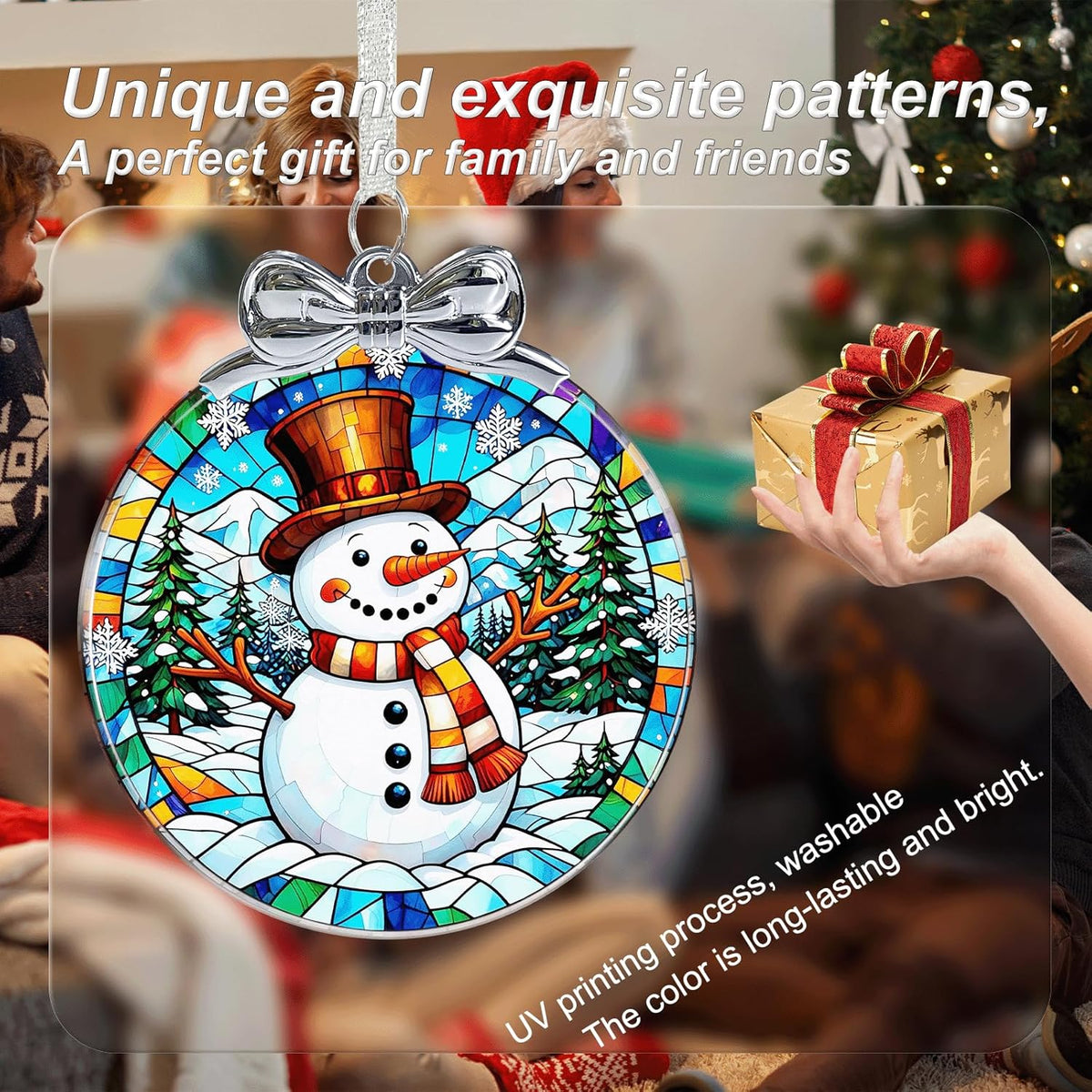 Snowman Stained Glass Christmas Ornament - Hanging Ornaments for Christmas Tree Decorations -Holiday Keepsake Present Exchange Idea