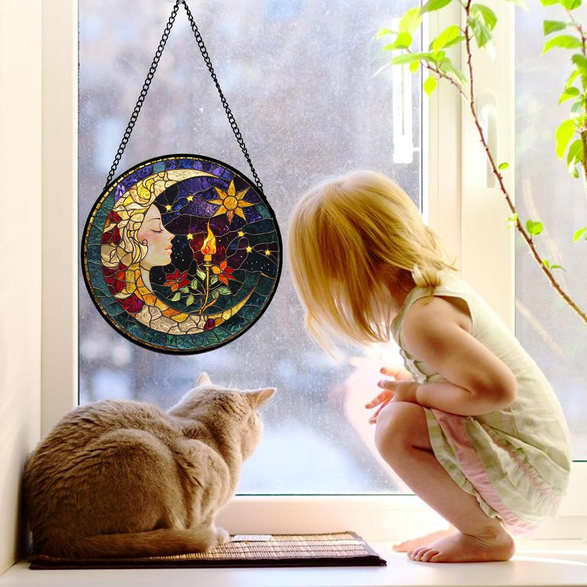 Stained Glass Window Hanging, Moon Goddess Torch Suncatcher Diamond Glass Panel Hangings Dream Sun Catchers Decor for Birthday for Women, Men, Wife, Aunt, and Mom 9.8 in