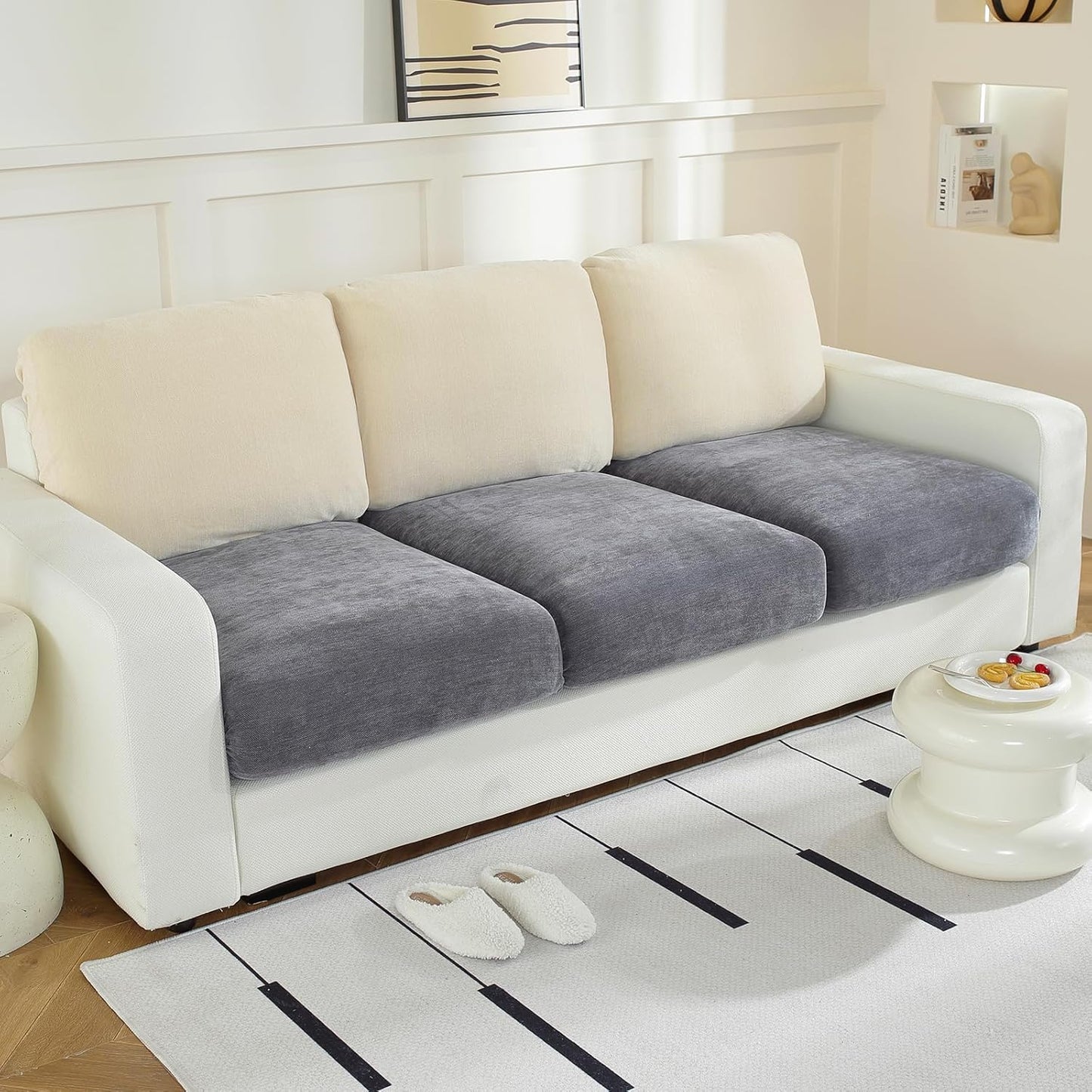 Couch Cushion Covers for L Shaped Sectional Sofa – Softer Chenille Sofa Covers Washable, Non-Slip Stretch Couch Covers & Individual Seat Cushion Slipcovers (3 Piece, Dark Grey)