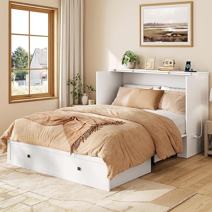 Murphy Bed Queen with Storage & Charging Station, Murphy Cabinet with Foldable Panel, Noisy Free, for Guest Bedroom, Living Room, Office, Distressed White