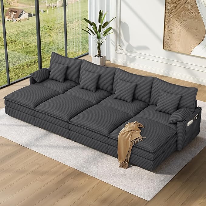 Vesgantti 142" Oversized Sectional Sofa Bed, 8-Seater Modular Sleeper Cloud Couch with Movable Ottoman, Corduroy Convertible Sofa Set Deep Seat Couches for Living Room, Bedroom and Apartment, Gray
