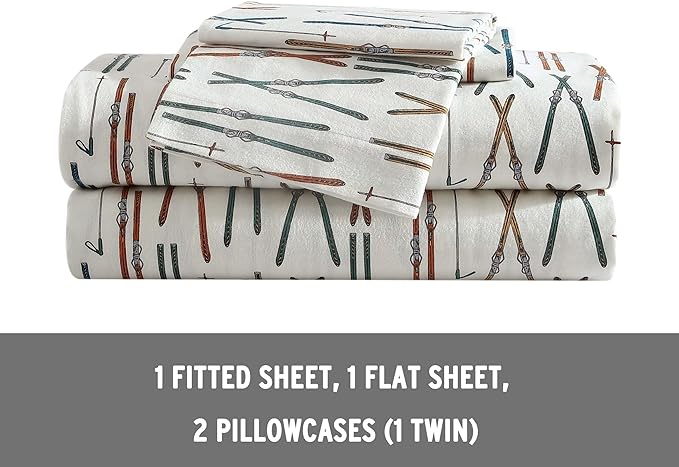Eddie Bauer - King Sheets, Cotton Flannel Bedding Set, Brushed For Extra Softness, Cozy Home Decor (Ski Line White, King)