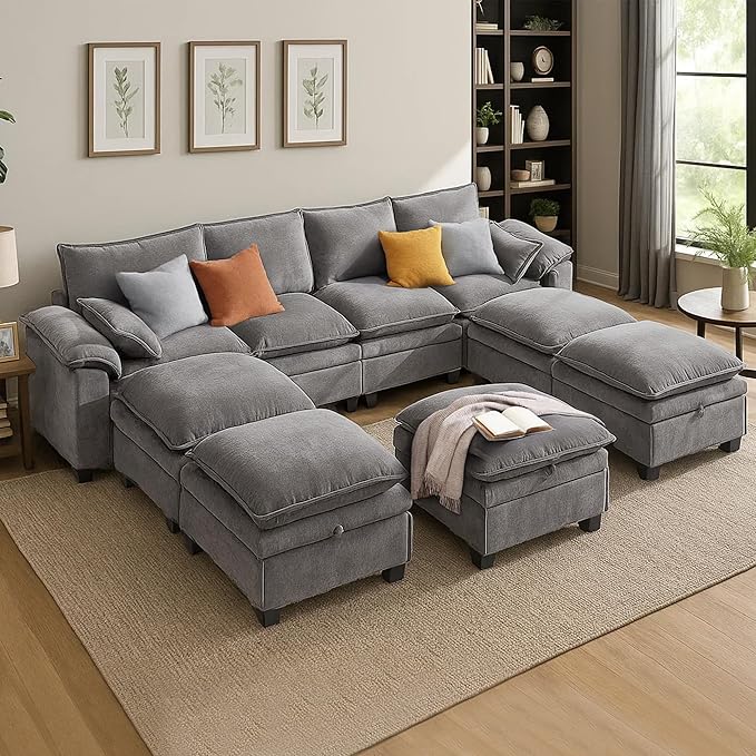 130" U Shaped Modular Sectional Sofa, Couch with Ottoman Storage, Chenille Cloud Couch with Plush Deep Seating for Living Room, Bedroom (9 Seat, Light Grey)