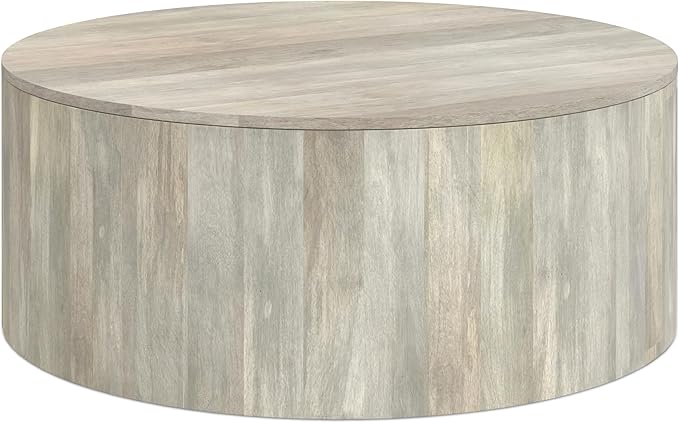 SIMPLIHOME Millbury Drum Coffee Table - 36 inch Wide Solid Mango Wood Round Living Room Table in White Wash, Contemporary Cocktail Table for Family Room or Lounge with Large Surface, Assembled