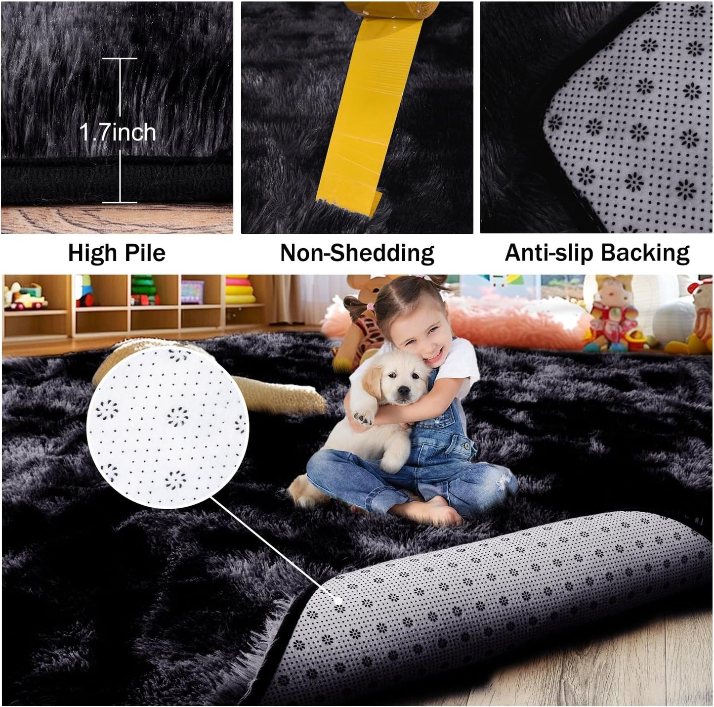 Rezutan Area Rugs 5x7 Living Room, Large Fluffy Rug for Bedroom, Soft Shag Shaggy Fuzzy Carpets for Boys and Girls Dorm Room Home Decor Aesthetic,Black Grey Tie-Dyed.