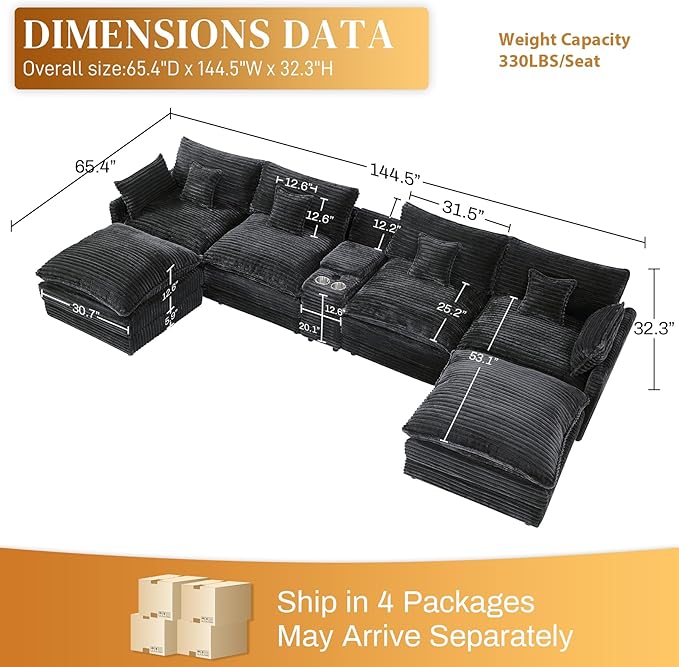 HYJT-H&K 145" U Shaped Cloud Couch Modular Dark Grey Sectional Couches for Living Room, Comfy Fluffy Corduroy Oversized Cloud Sectional Couch Large 6 Seat Sectionals Sofa Set Central Console USB Port