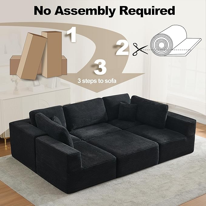 Cloud Modular Sectional Sleeper Sofa,U-Shape Modern Boneless Sectional Couch with Deep Seat,Upholstered Couches for Living Room Bedroom,No Assembly Required,Black