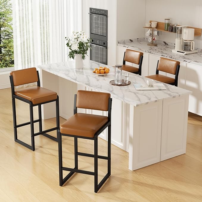 Bar Stools Set of 5, Faux Leather Counter Height Bar Stools with High Back and Metal Legs, Upholstered Bar Chairs, 26" Modern Barstools for Kitchen Island, Caramel