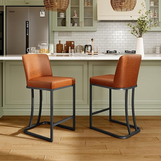 MAISON ARTS Counter Height Bar Stools with Back Set of 2 for Kitchen Counter, 24 Inch Modern Upholstered Faux Leather Barstools Farmhouse Bar Chairs Luxury Island Stools Support 330LBS, Brown