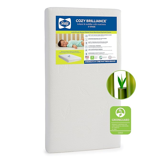 Sealy Baby Cozy Brilliance Breathable Crib Mattress, GREENGUARD GOLD Certified, Made in USA, Firm Dual Firmness, Toddler Bed Fit, Rayon, Waterproof, Non Toxic, Washable Zip Cover, 52” x 28