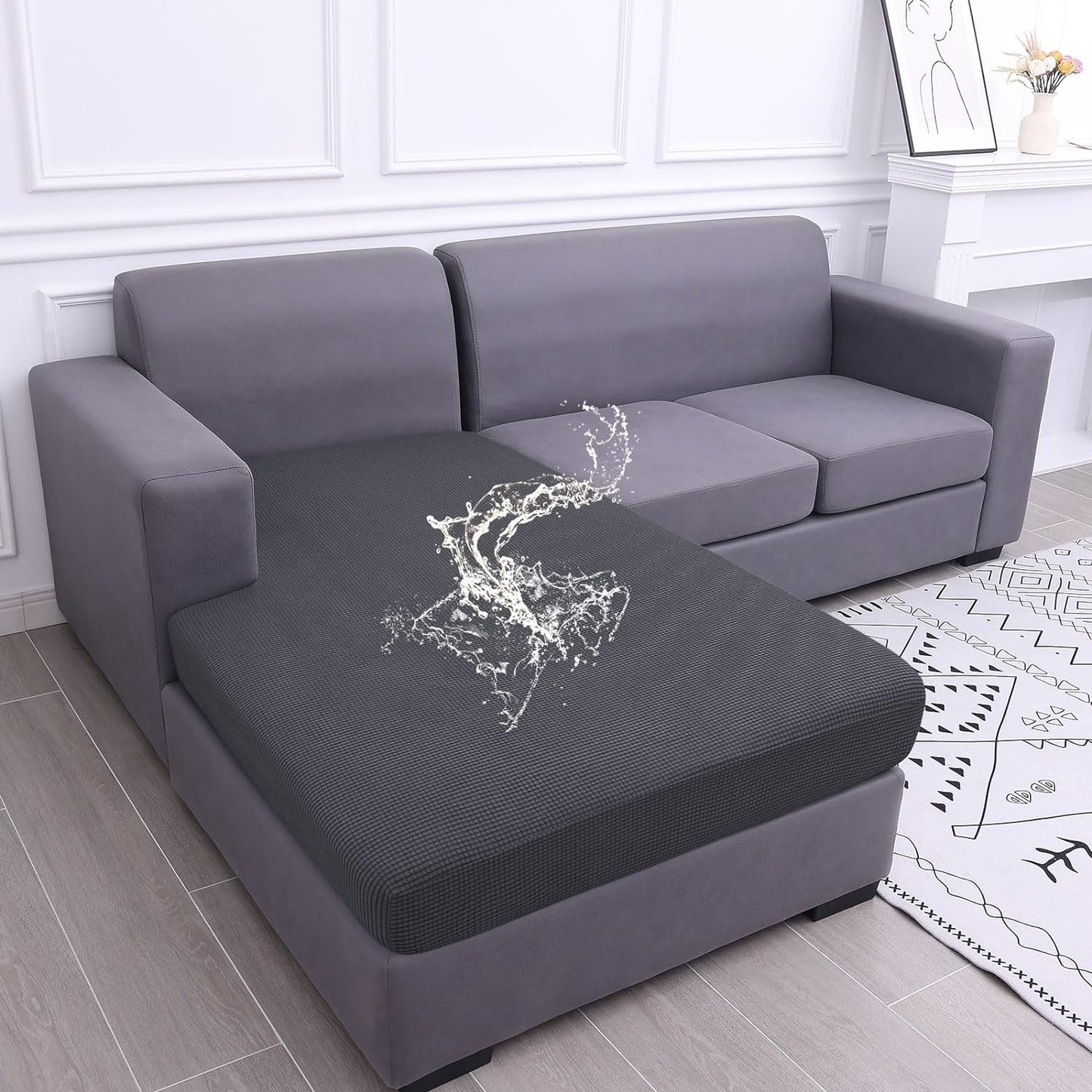 hyha Waterproof Sectional Couch Covers, Non Slip Sofa Couch Cushion Covers L Shape, Thick Stretch Jacquard Fabric, Washable Sofa Slipcovers with Elastic Bottom (1 Piece for Chaise XL, Grey)