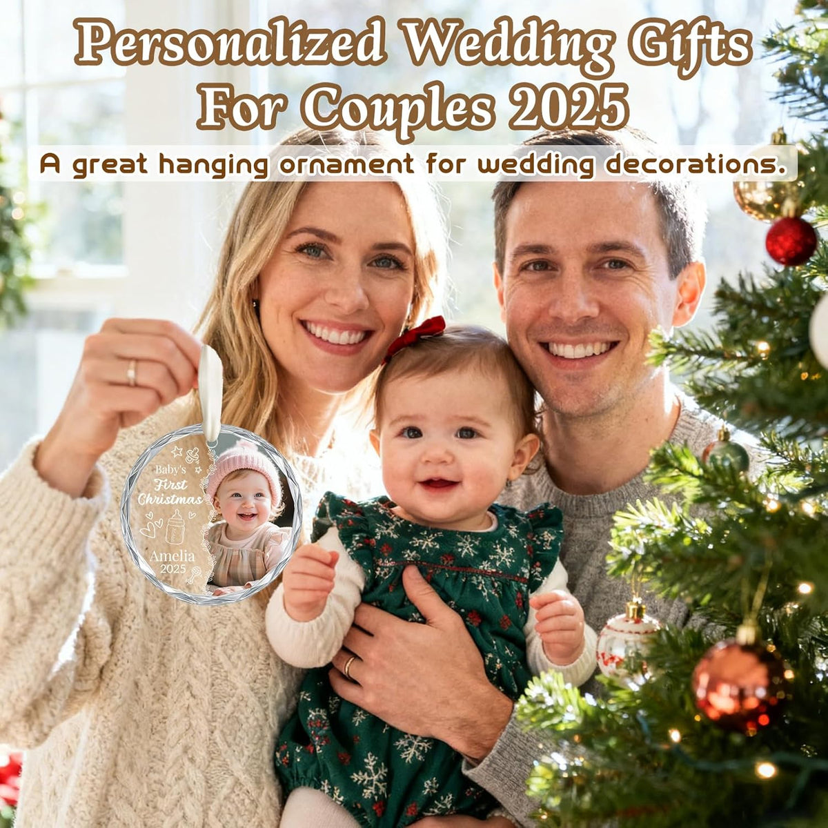 Personalized Baby's First Christmas Ornament 2025, Custom Christmas Photo Crystal Glass Ornaments with Name or Date, Personalized Christmas Tree Decor Gifts for Family, Friends,Pet or Baby