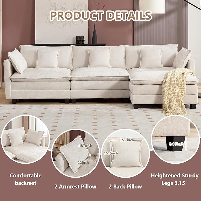 Plush Modular Cloud Sofa Set with Ottoman | L/U-Shaped Deep Seating Chenille Sectional for Family Living Room