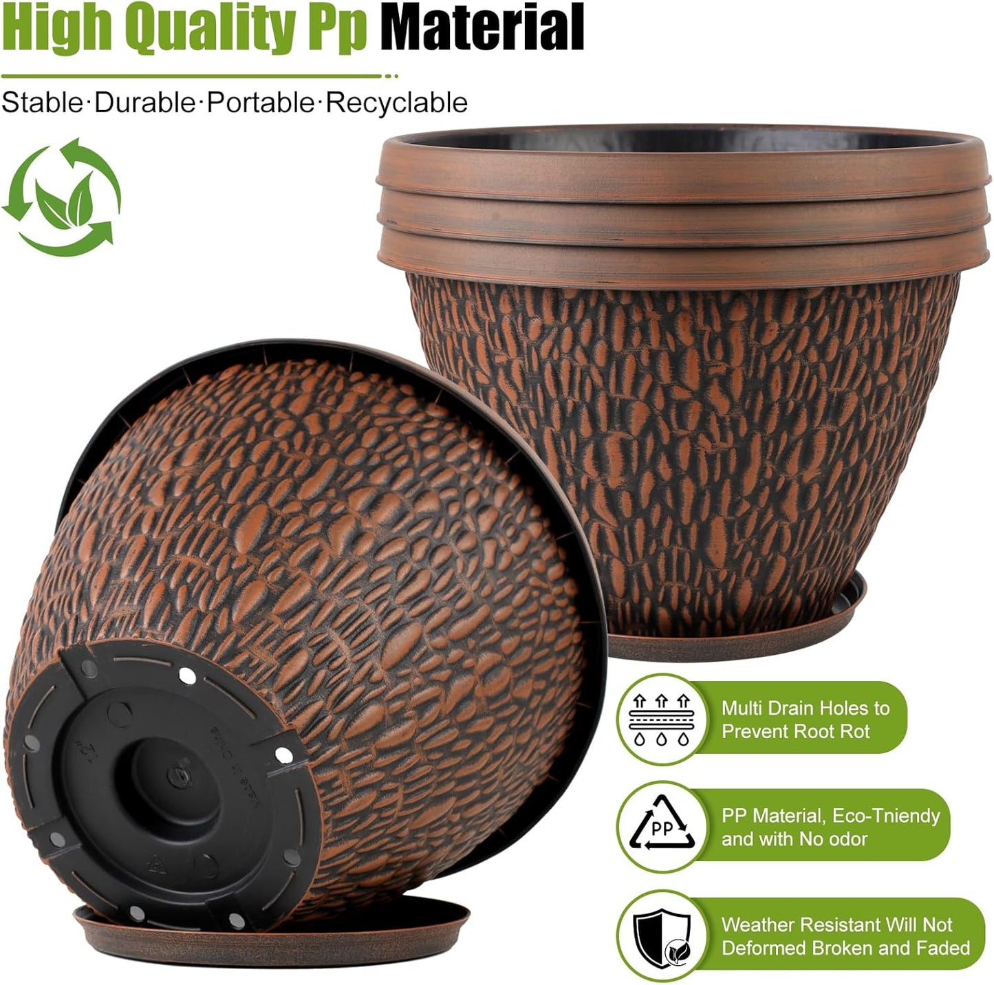 4 Pack 12 Inch Pots for Plants, Plastic Outdoor Flower Pots with Drainage Hole & Tray, Large Planters for Garden Porch Home Indoor Outdoor Decor - Pebbles Pattern Design Plant Pots
