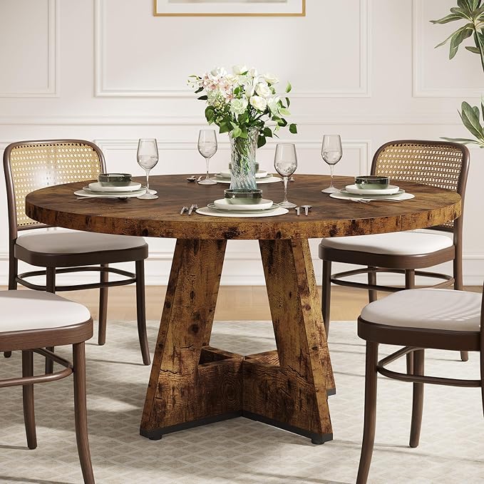Tribesigns Round Dining Table for 4, 47 inch Farmhouse Circle Kitchen Table with Wooden Pedestal Base for Kitchen, Dining Room, Living Room (Rustic Brown)