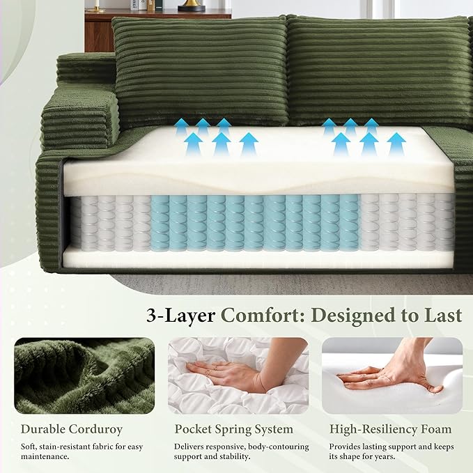 96''Sectional Couches for Living Room,Modern Modular Sectional Sofa,Upholstered Boneless Couch with Pockets,Comfy Cloud Couch with L Shaped Chaise(Green, 96''W Right Facing Chaise)