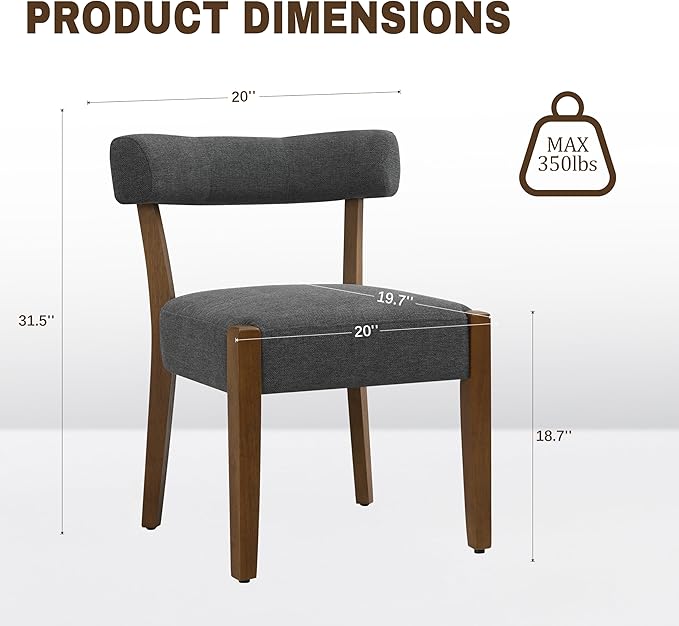 Modern Dining Chairs Set of 2, Walnut Upholstered Kitchen & Dining Room Chairs, Mid Century Wooden Dining Chairs Oversized Sturdy Fabric Rounded Chairs Curved Back, Dark Grey